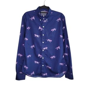 Bonobos Men's Slim Fit Blue Leopard Animal Print Button Down Shirt L/S Size L